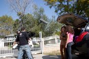 Iris Karina on location with actor Richard Manriquez shooting the short film 'GoodbyeTeddy'.