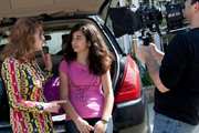 Iris Karina on location with actor Richard Manriquez shooting the short film 'GoodbyeTeddy'.